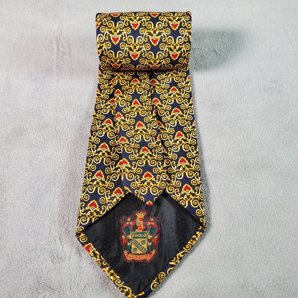 VTG Paolo Gucci Tie Mens Navy Gold Silk Made Italy Baroque Medallion Luxury 80s - Picture 4 of 7